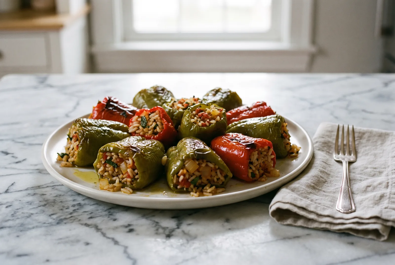 Zeytinyağlı Biber Dolması (Turkish Olive Oil Stuffed Bell Peppers with Rice)