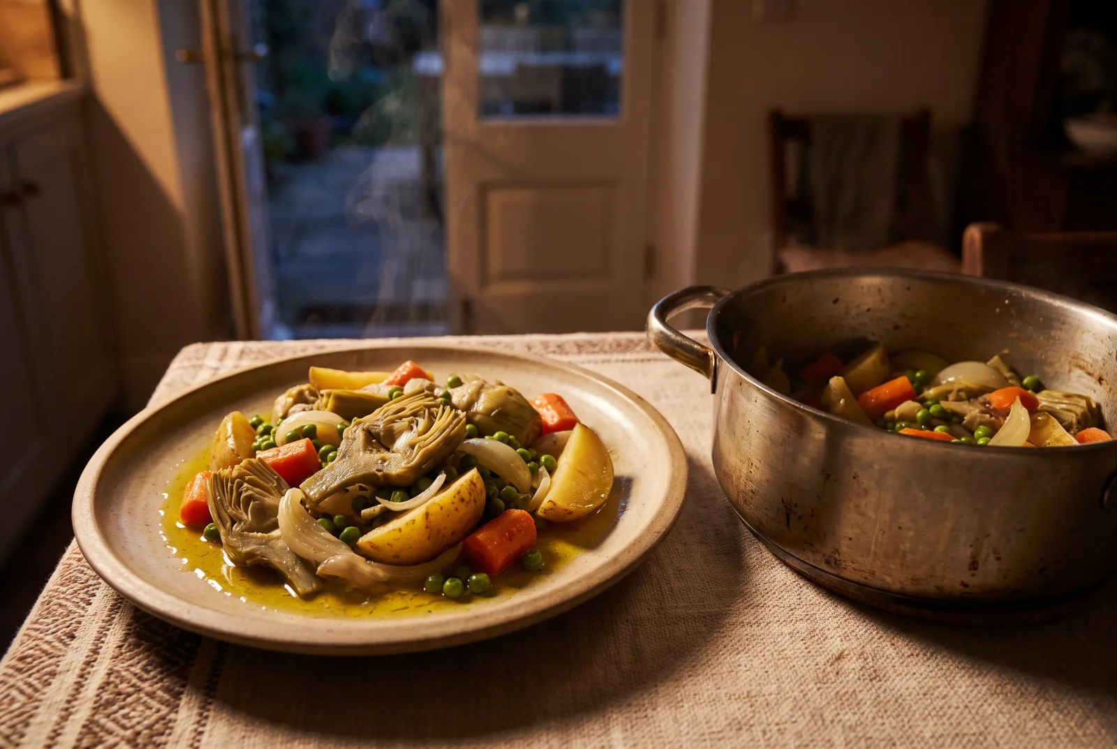 Olive Oil Artichokes with Peas — A Meatless Spring Dish