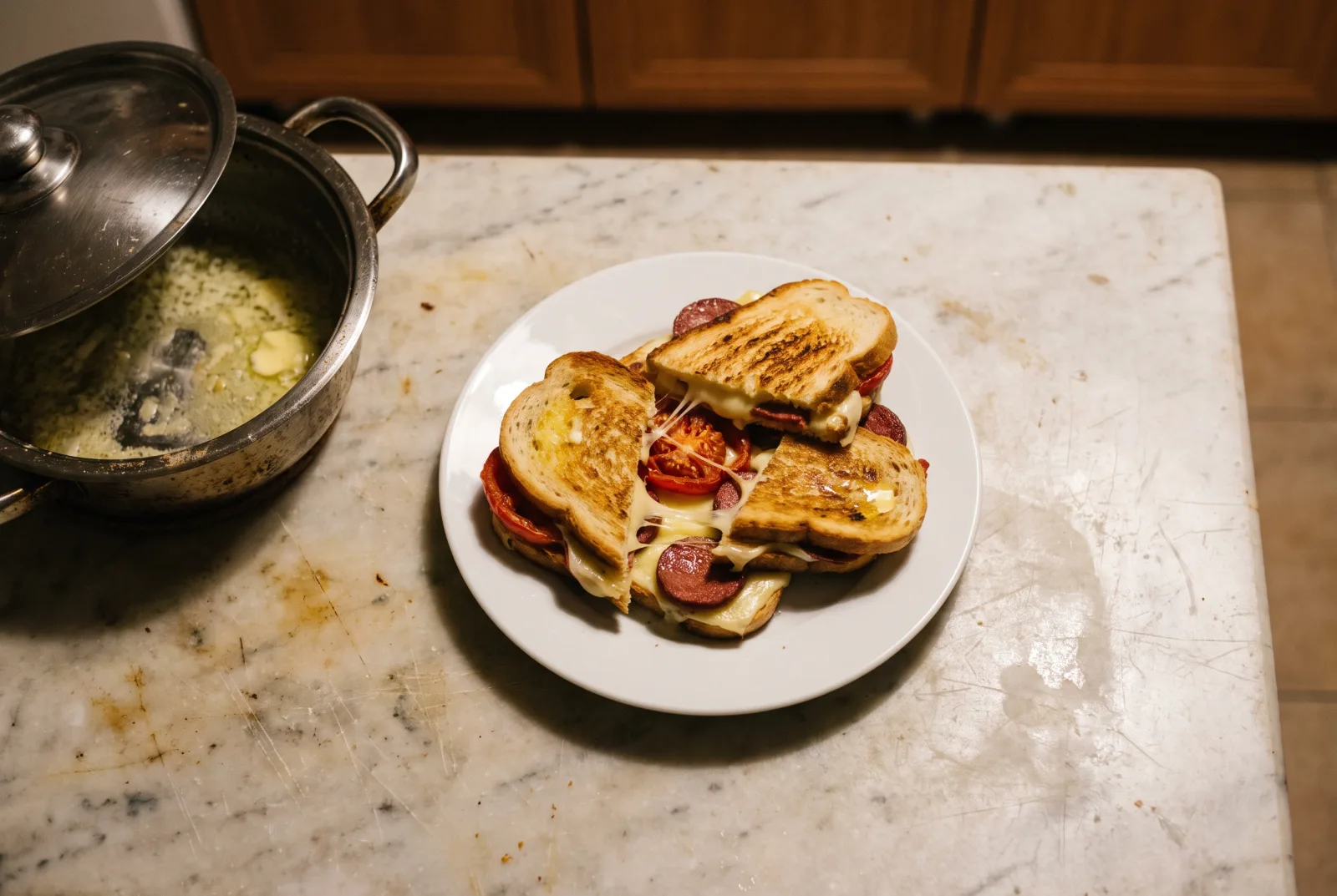 Toasted Sandwich with Cheese, Spiced Beef Sausage, and Tomato