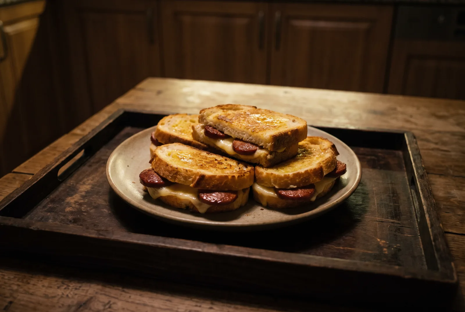 Toasted Sandwich with Spiced Sausage and Melting Cheese