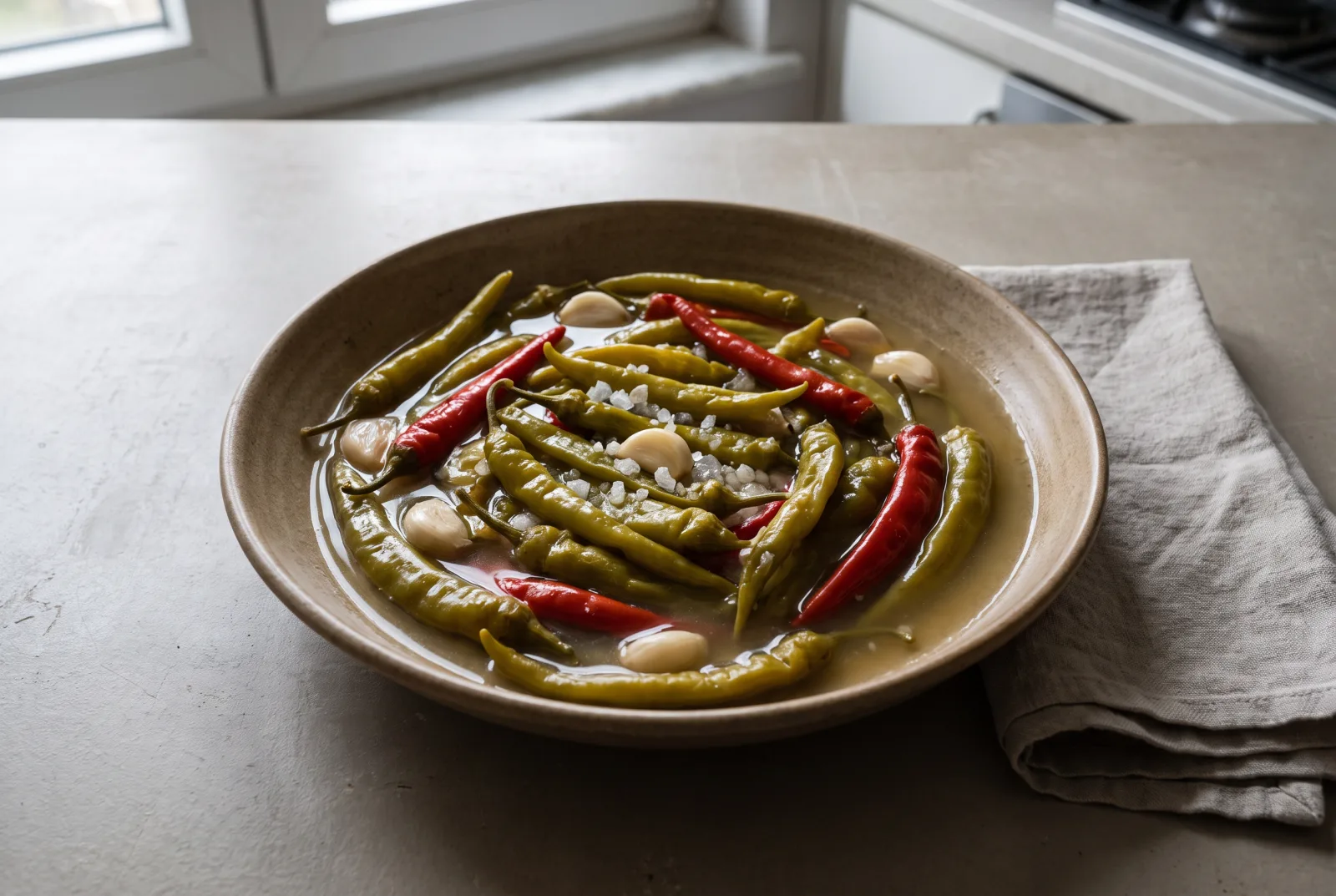 Hot Pepper Pickle | Pickled Long Green Chilies