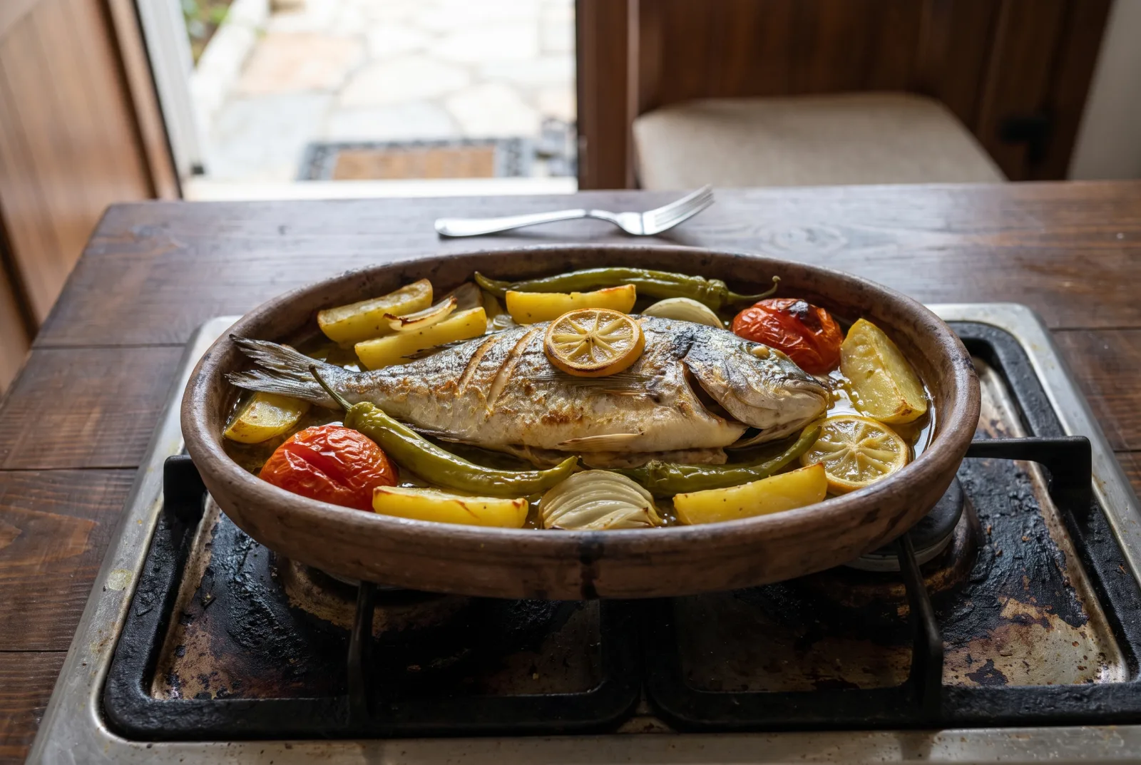 Oven-Baked Sea Bream on a Bed of Vegetables