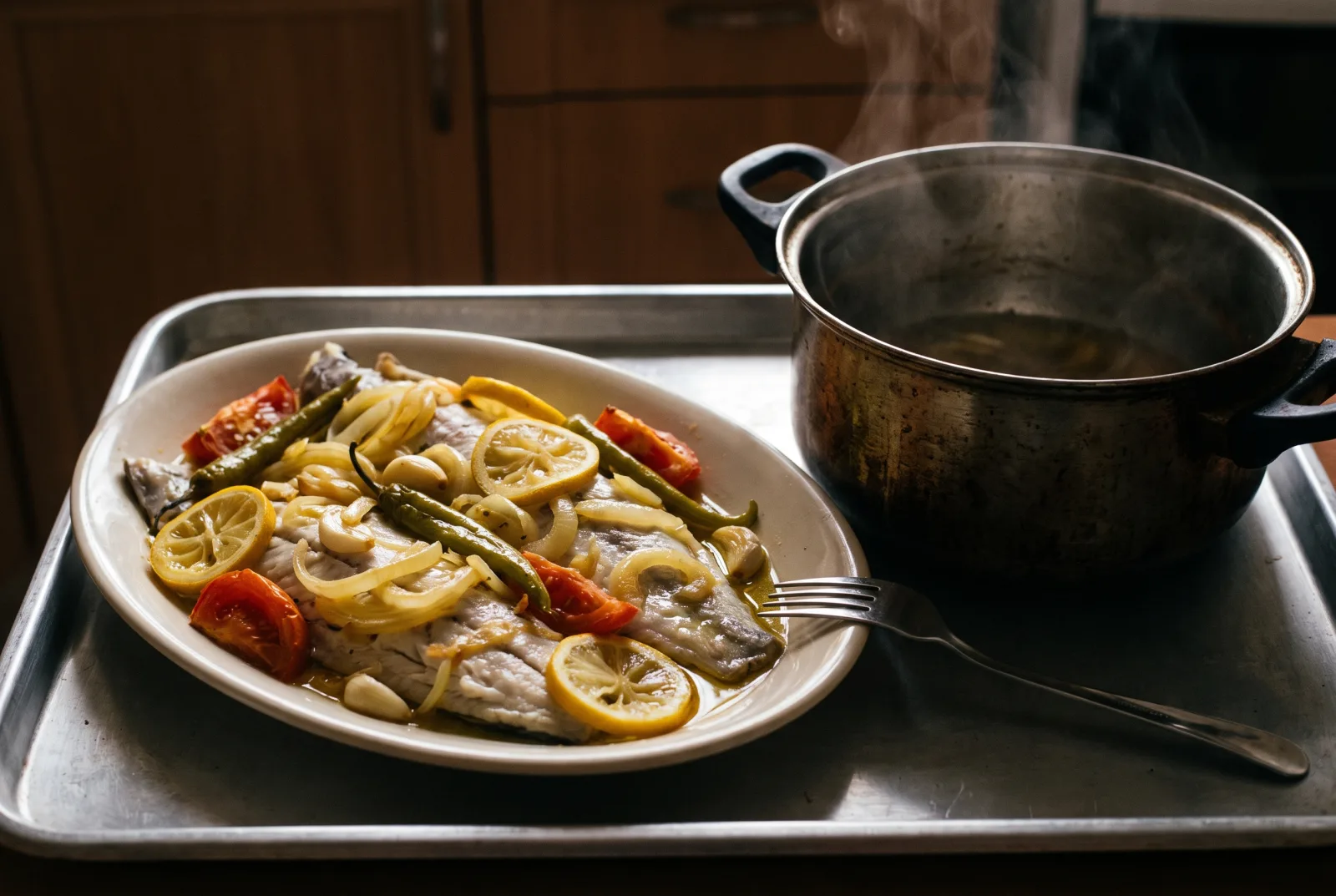 Sea Bass Braised with Vegetables and Olive Oil