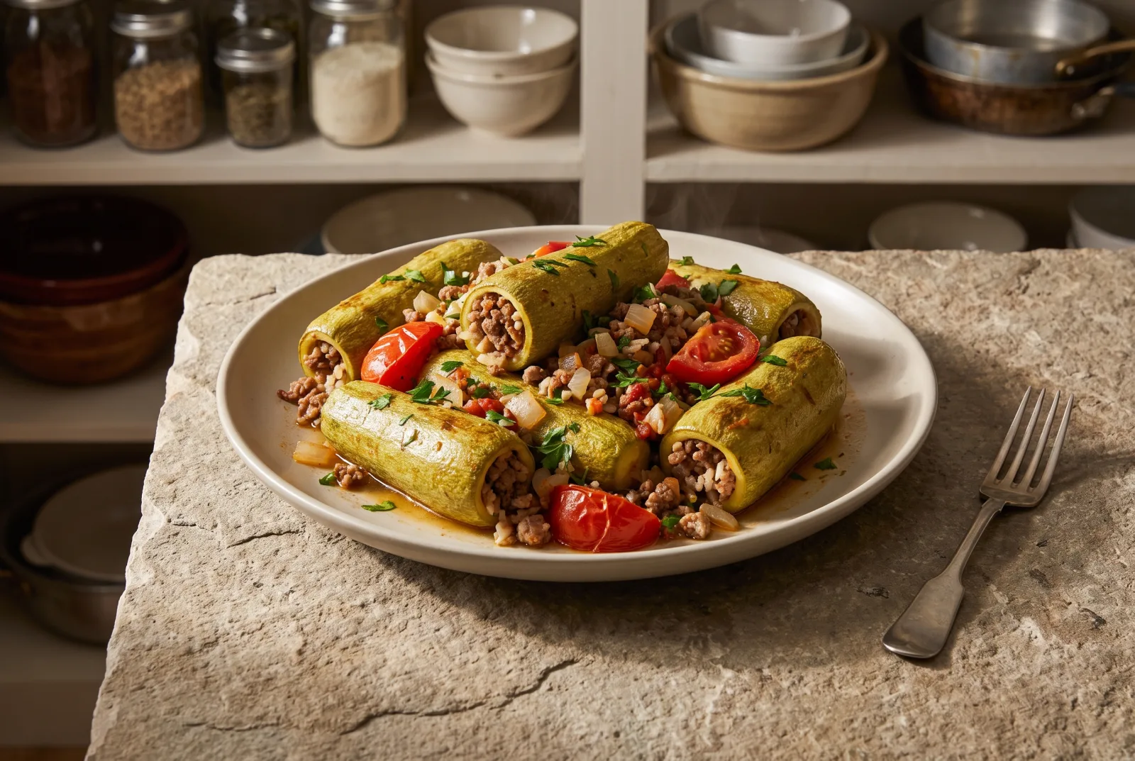 Stuffed Zucchini with Ground Meat and Rice