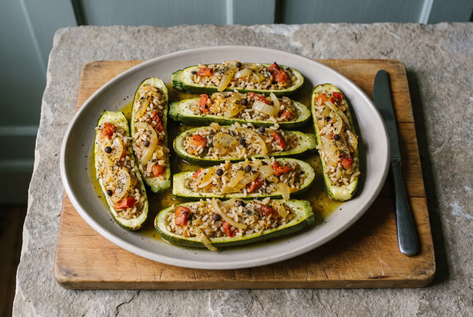 Olive Oil Stuffed Zucchini | Meatless Rice Filling