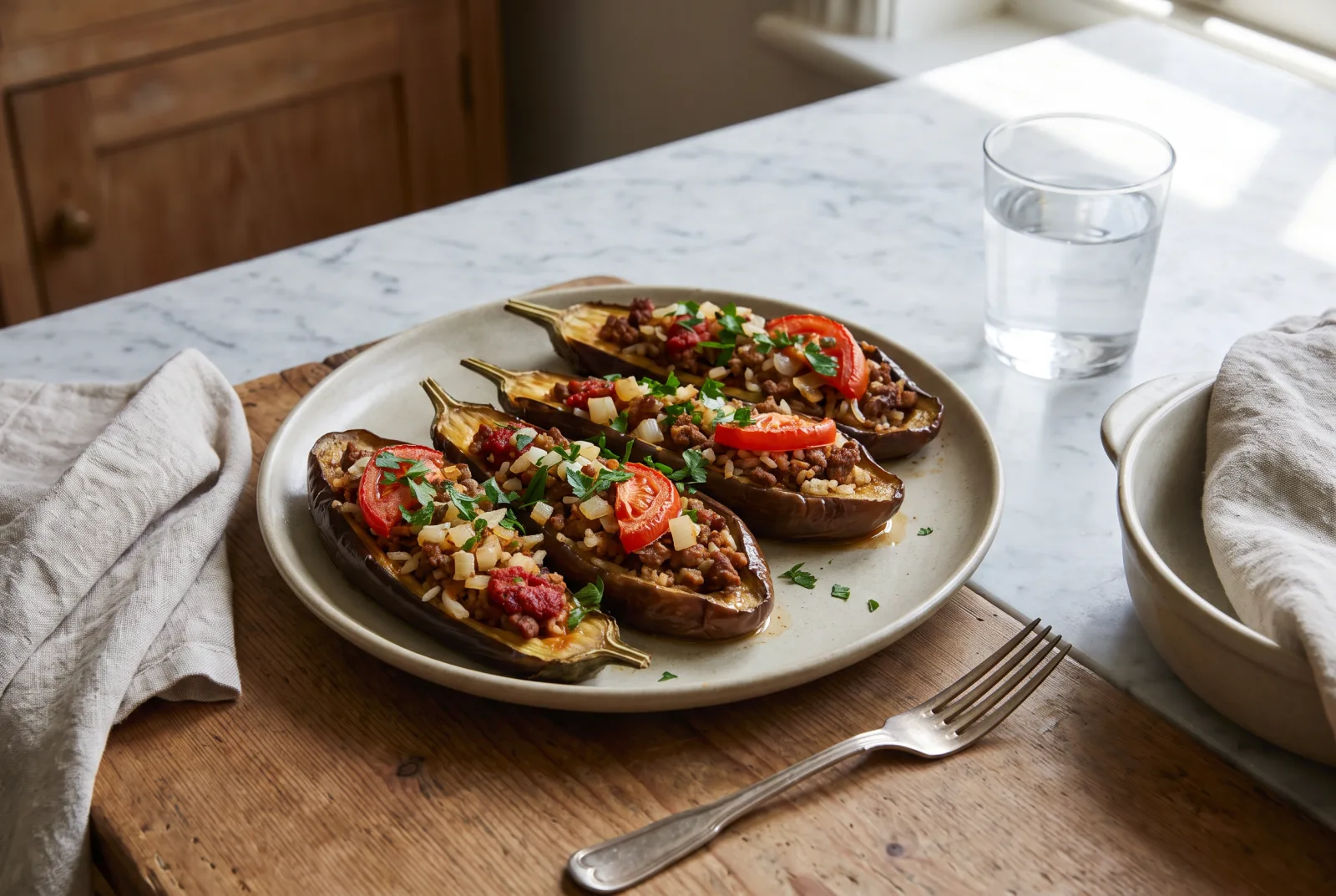 Stuffed Eggplant with Ground Meat and Rice