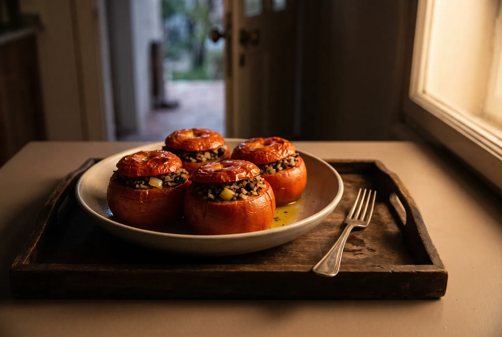 Olive Oil-Braised Stuffed Tomatoes with Rice
