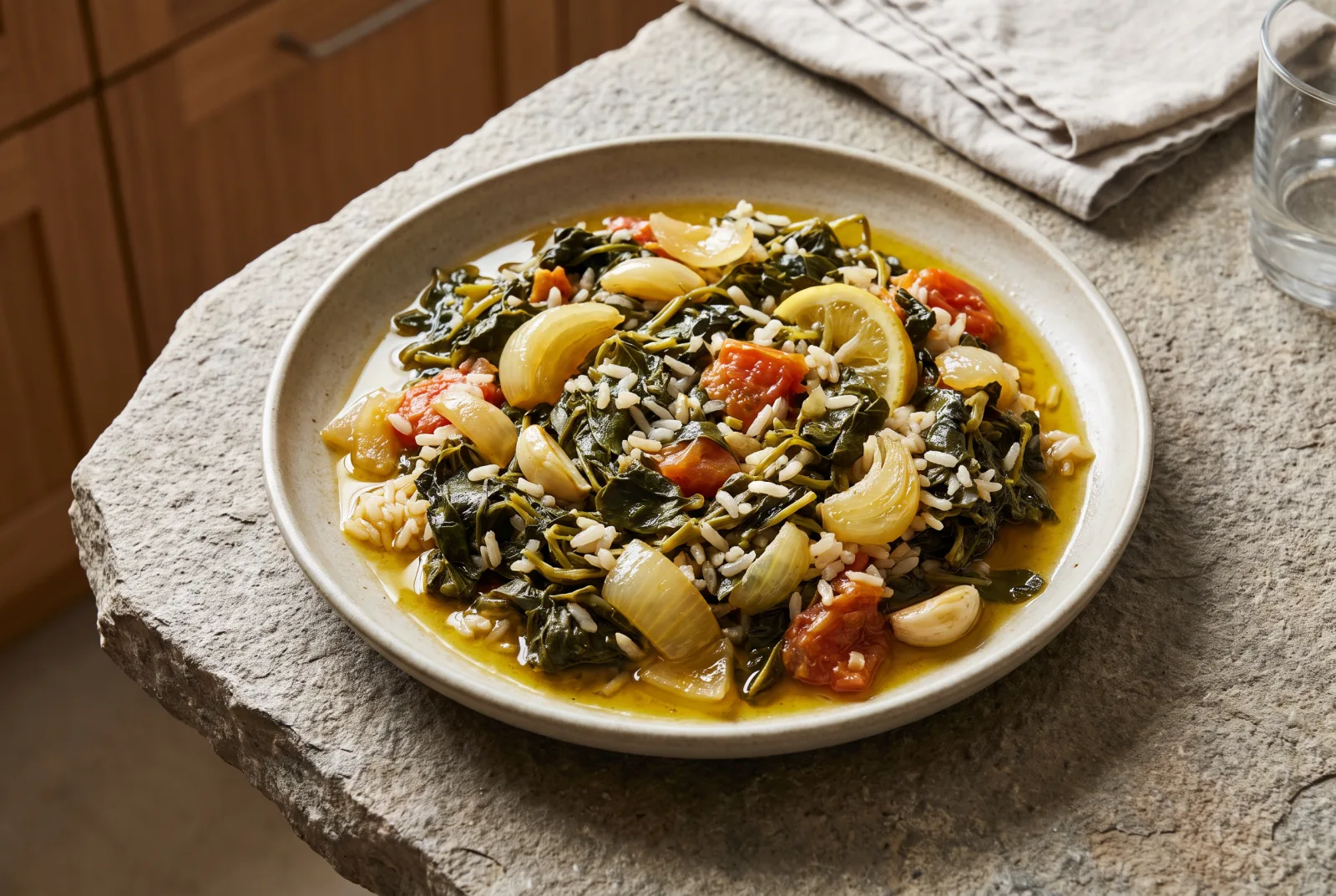 Purslane with Olive Oil | Onion, Tomato, and Rice