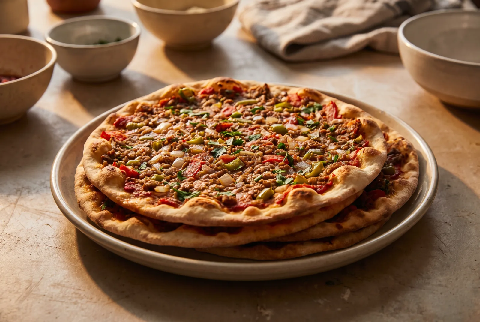 Lahmacun | Turkish Flatbread Topped with Seasoned Ground Meat