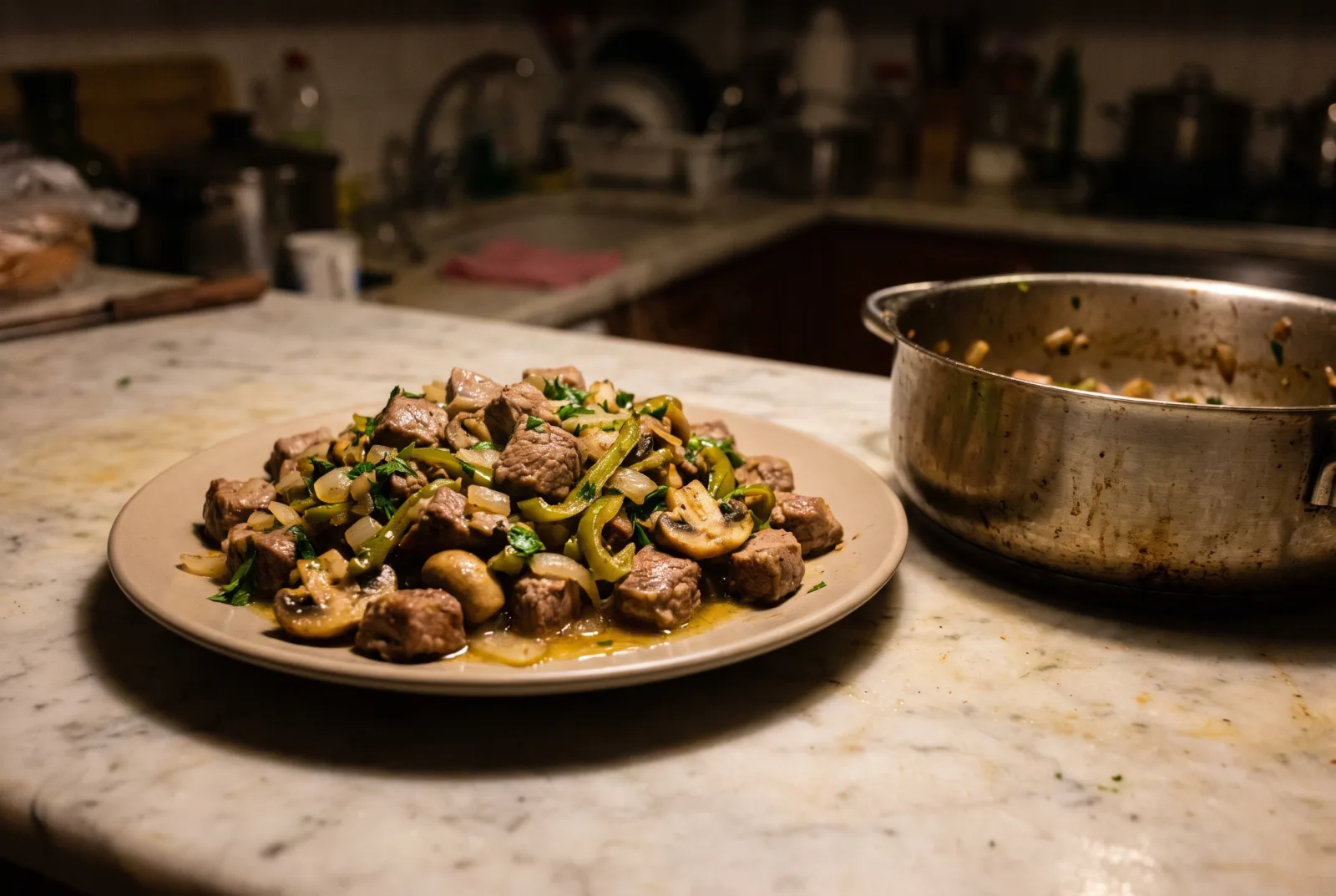 Diced Beef Sauté | Skillet with Mushrooms