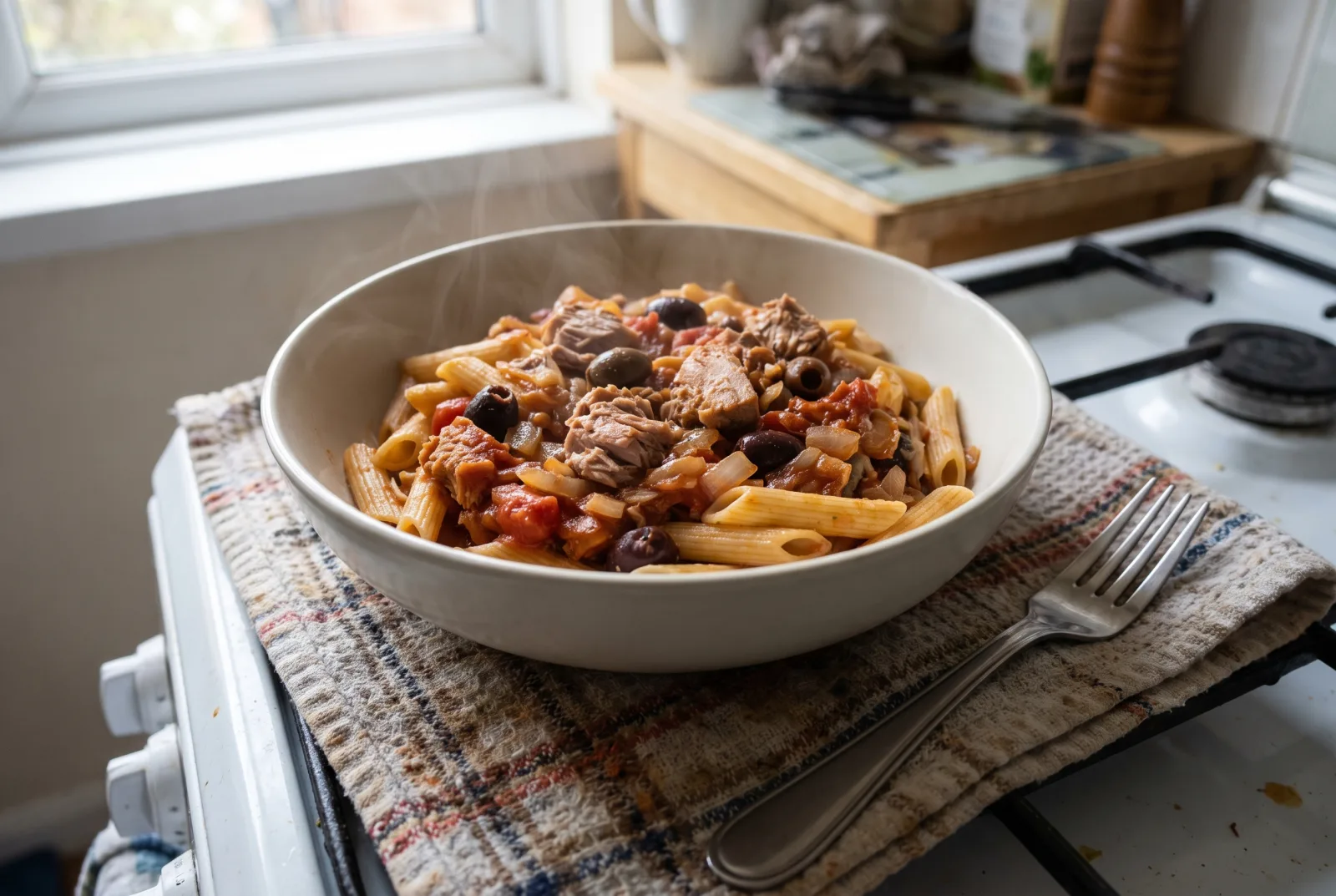 Tuna Pasta with Tomatoes and Olives | Mediterranean-Style Bowl