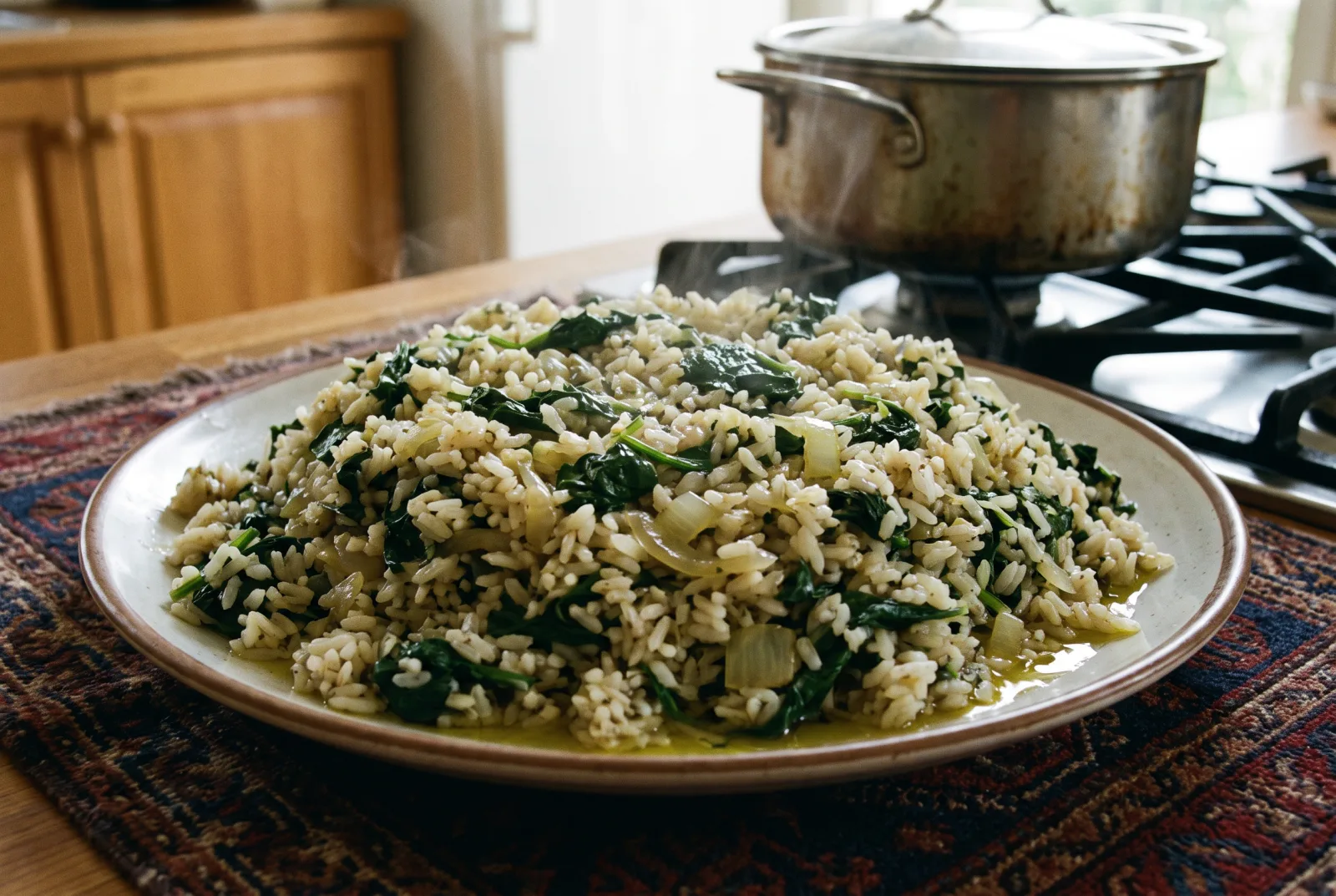 Spinach and Rice Pilaf with Onion and Olive Oil