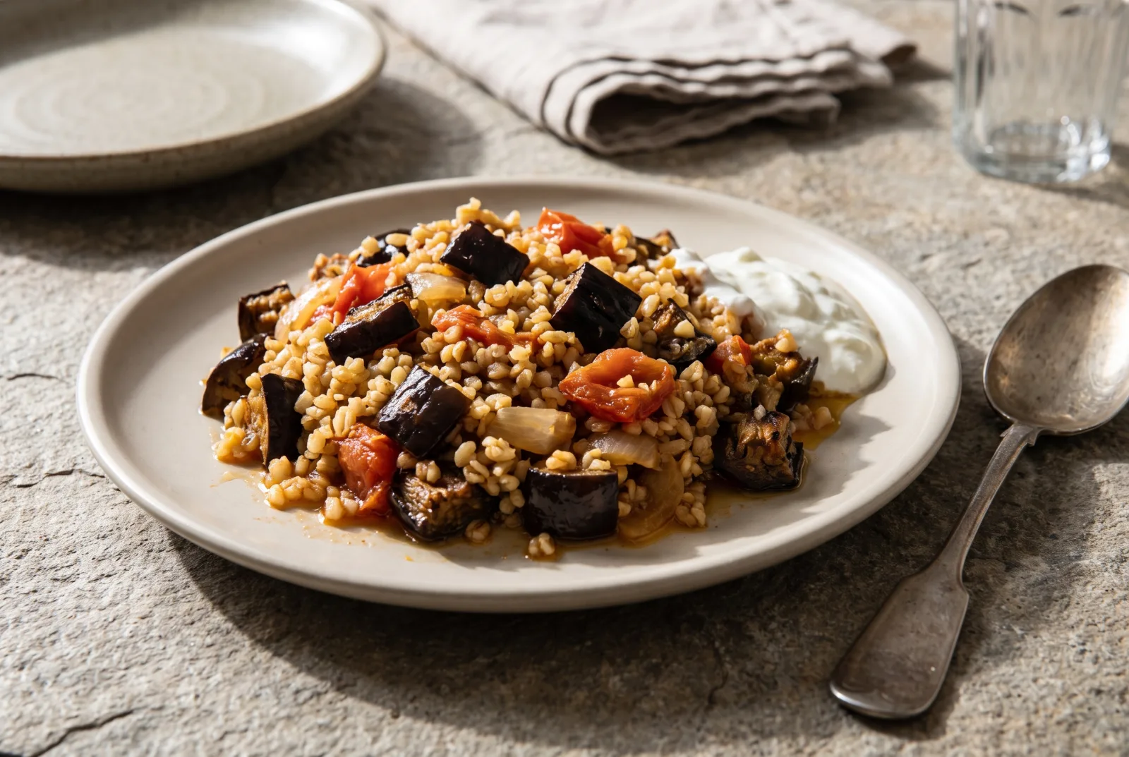 Turkish Bulgur Pilaf with Charred Eggplant — Served with Yogurt