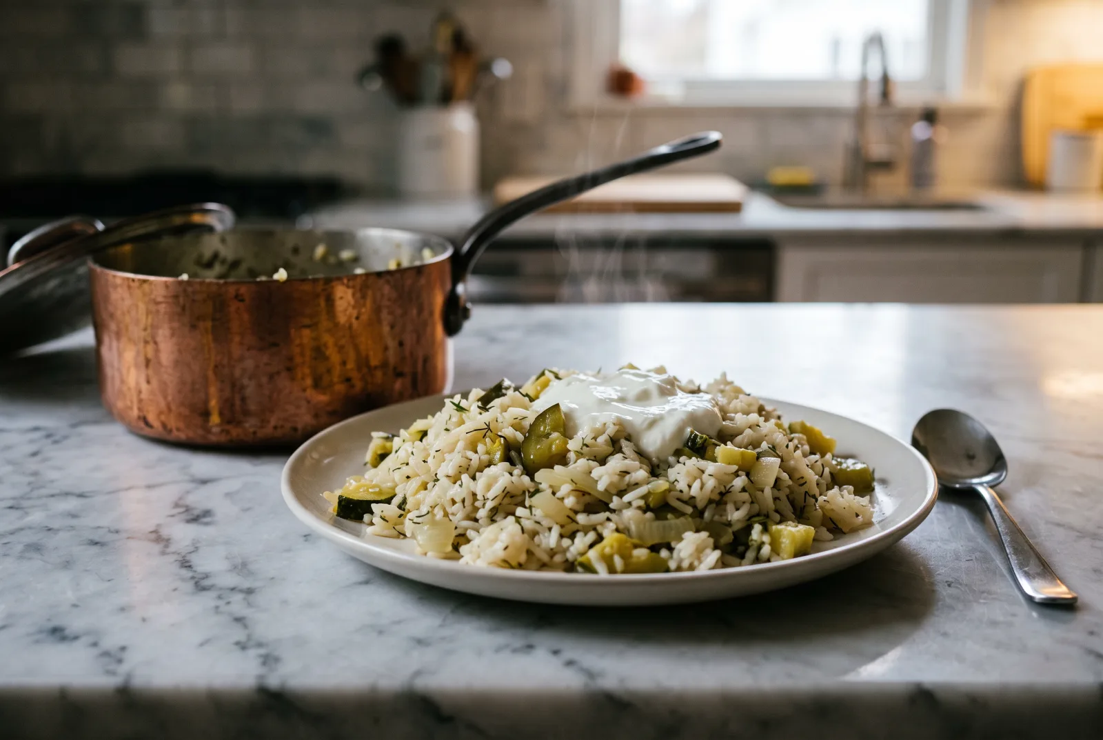 Zucchini Rice Pilaf with Dill Yogurt