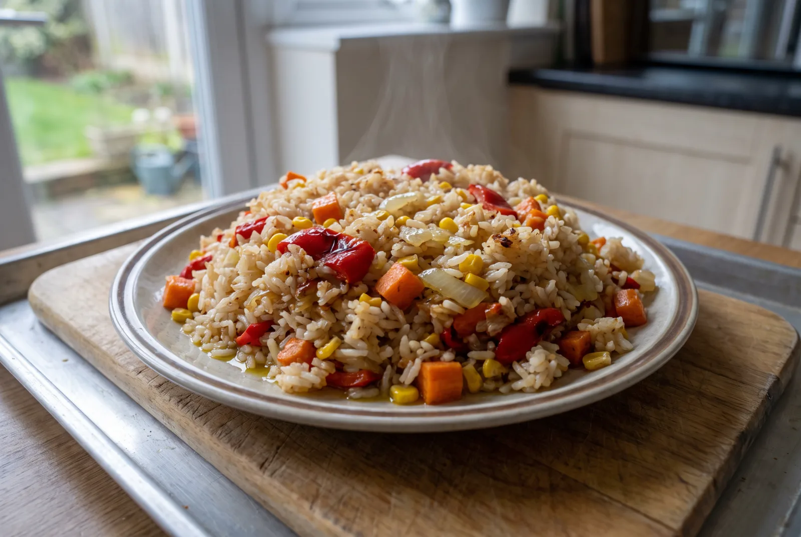 Oven-Baked Vegetable Rice with Corn and Red Bell Pepper