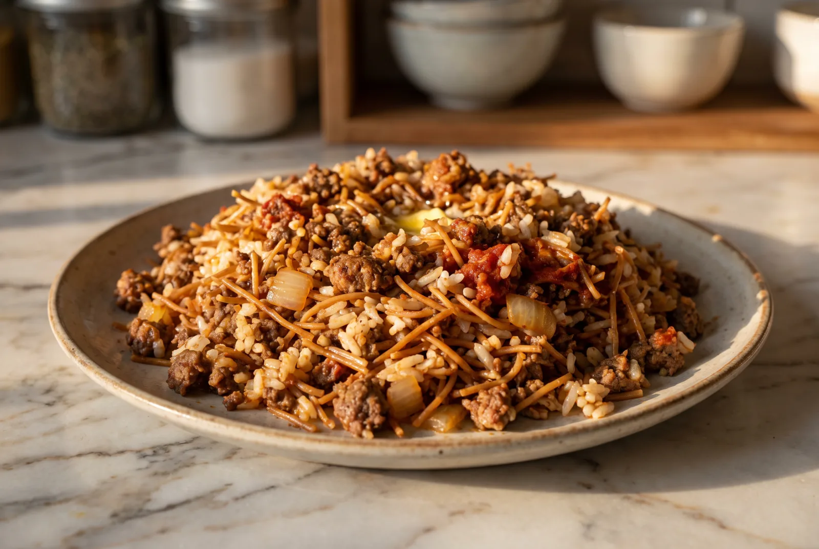 Ground Beef and Vermicelli Rice Pilaf — Butter-Toasted Vermicelli
