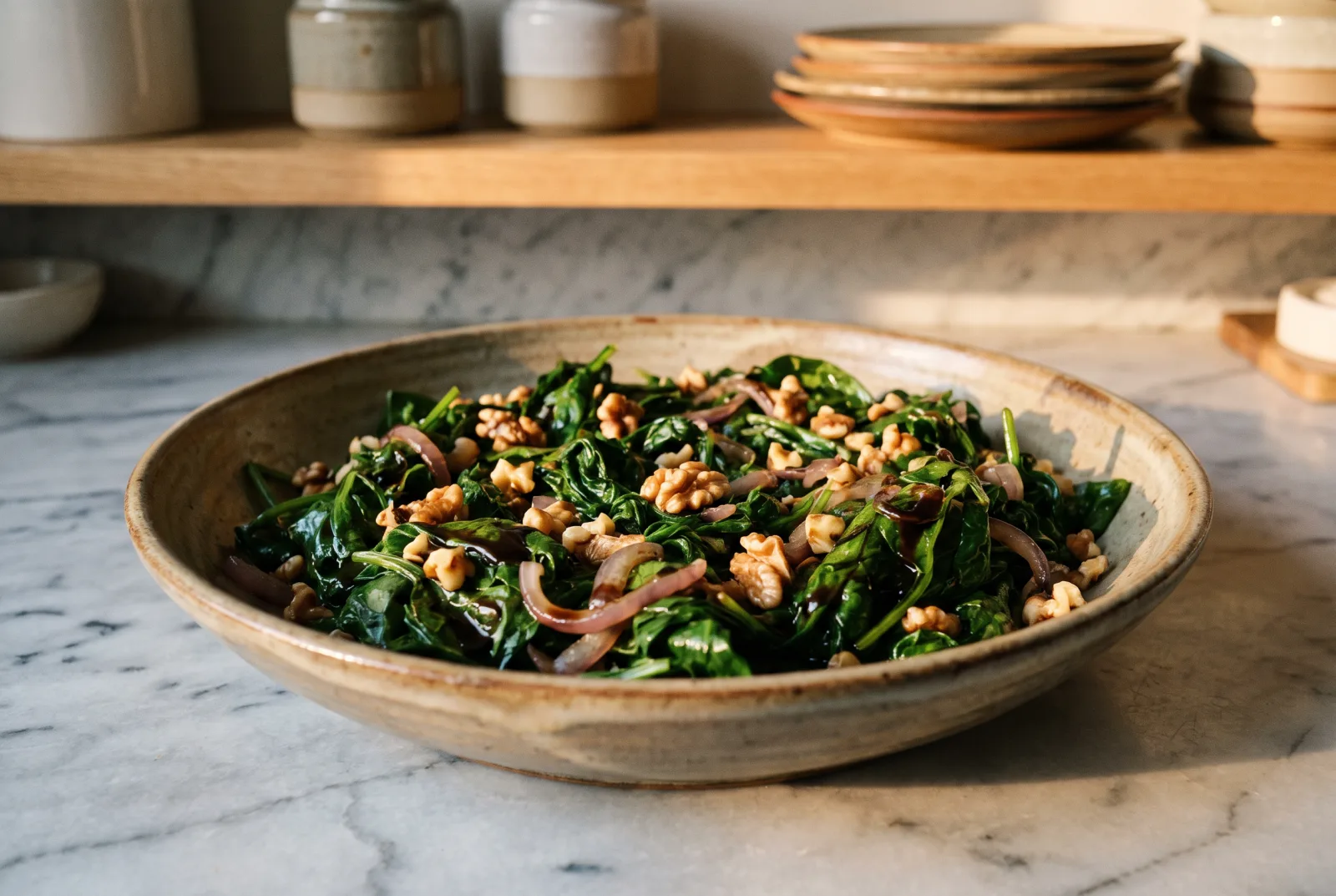 Sautéed Spinach Salad with Walnuts and Pomegranate Molasses