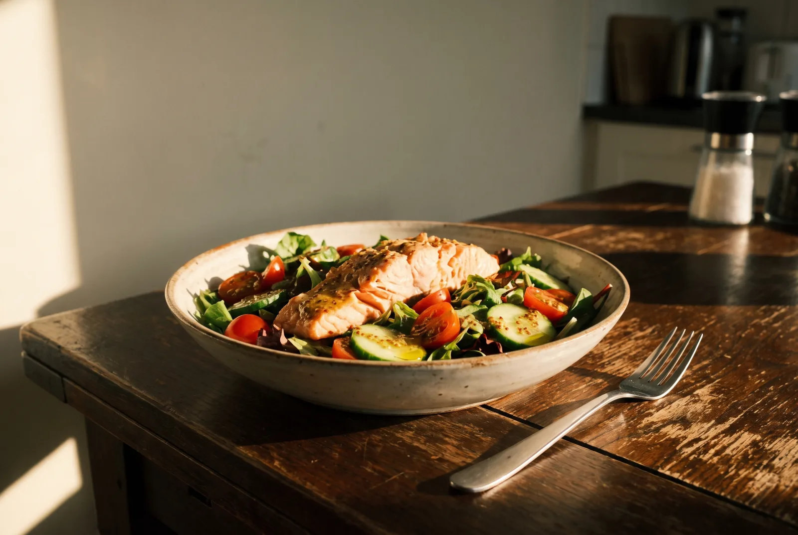 Salmon and Green Salad with Mustard Dressing