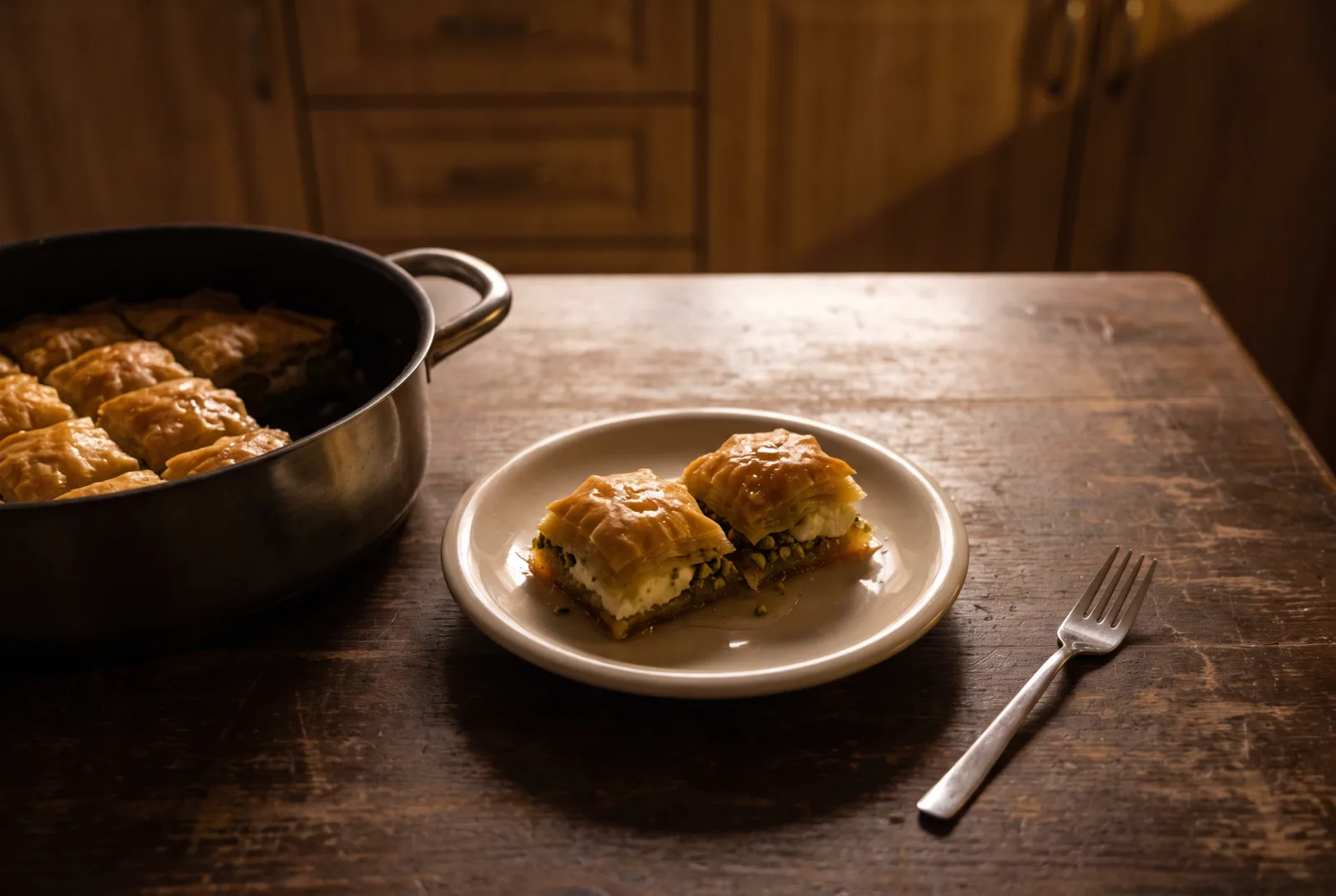 Şöbiyet — Gaziantep-Style Kaymak and Pistachio Phyllo Pastry, Fried and Syrup-Soaked
