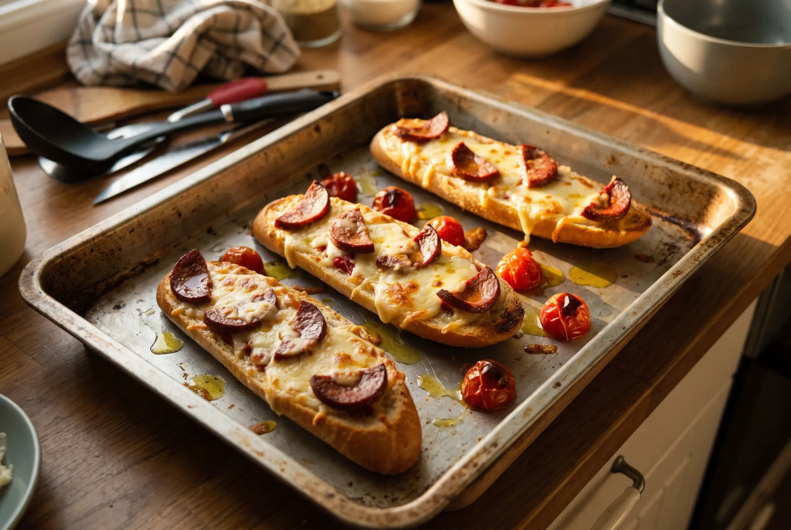 Baked Baguette Canapés with Sucuk and Kashar Cheese