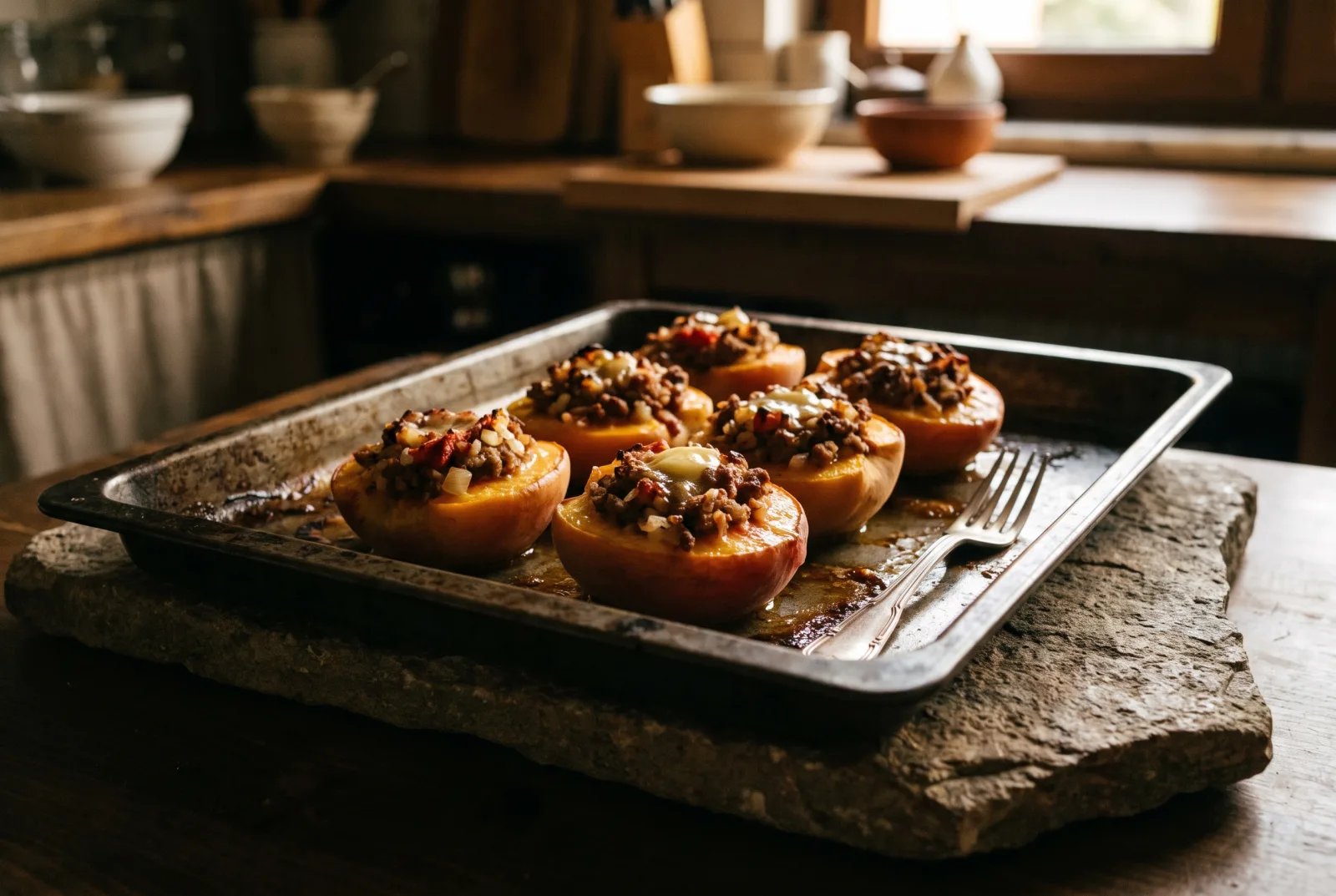 Stuffed Peaches with Ground Meat and Rice — A Savory-Sweet Baked Dish