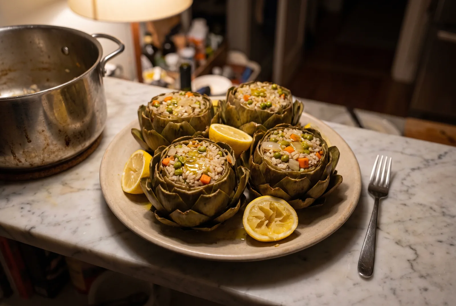 Olive Oil-Braised Stuffed Artichokes with Spring Vegetables