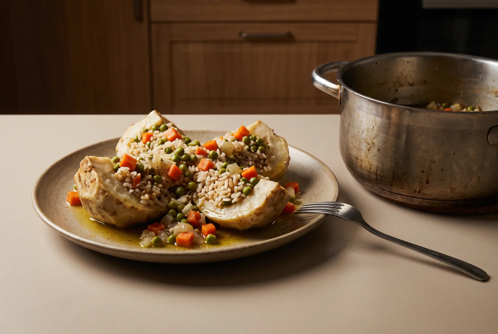 Olive Oil-Braised Stuffed Celeriac with Rice and Vegetables