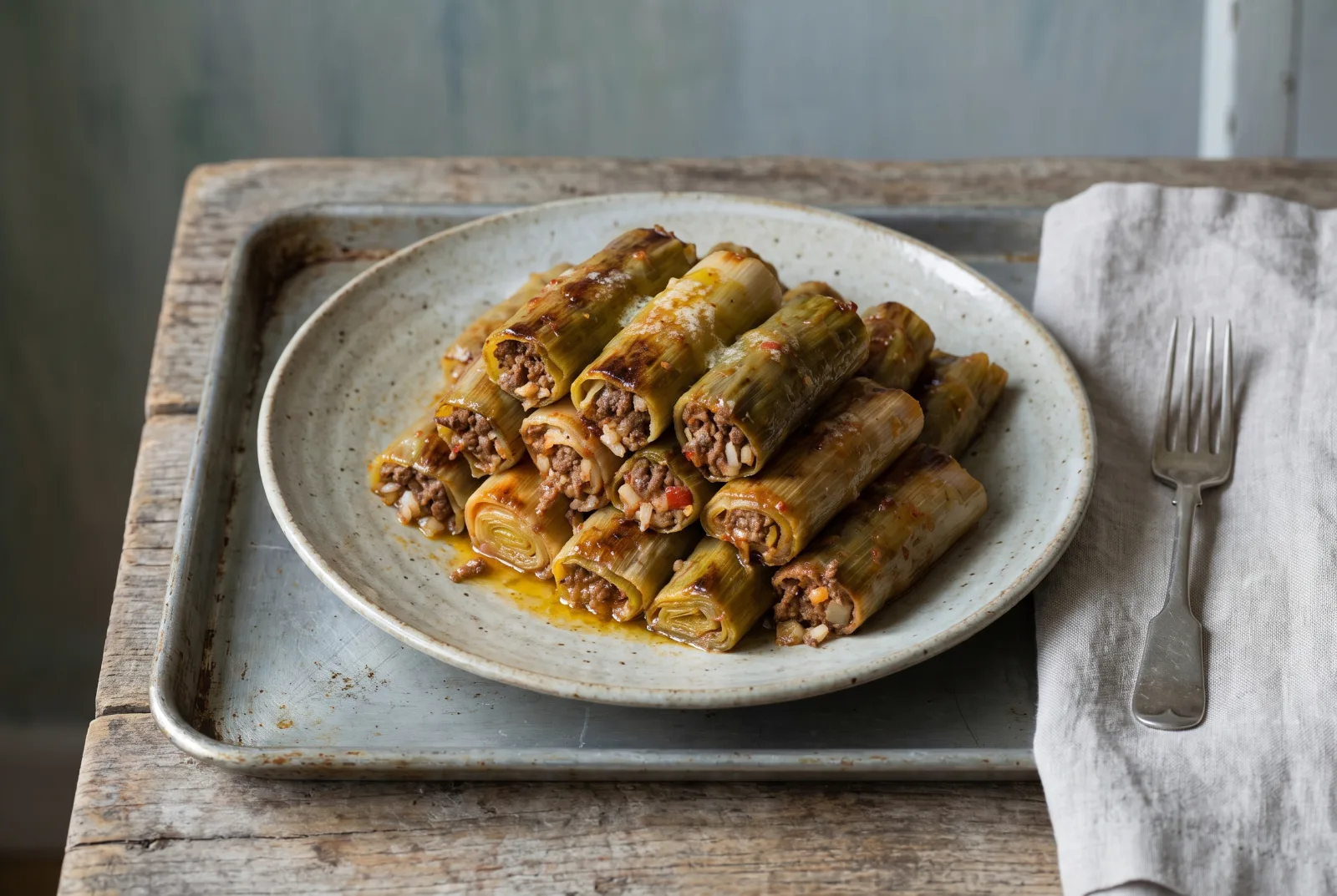 Ground Beef-Stuffed Leek Rolls with Rice