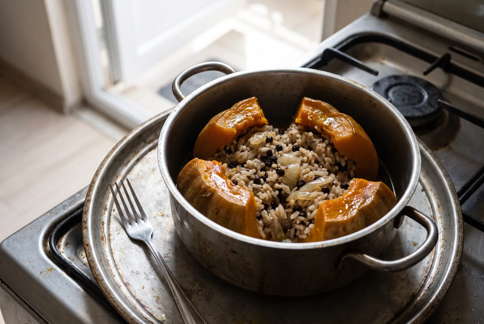 Olive Oil-Braised Stuffed Pumpkin with Cinnamon Rice