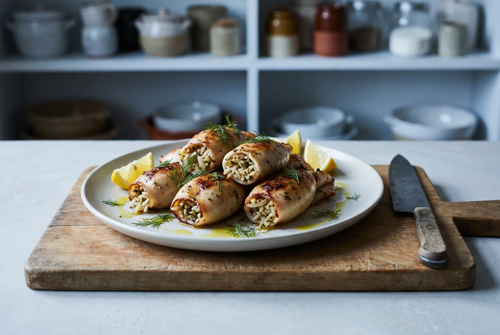 Aegean-Style Stuffed Squid with Olive Oil Rice Pilaf
