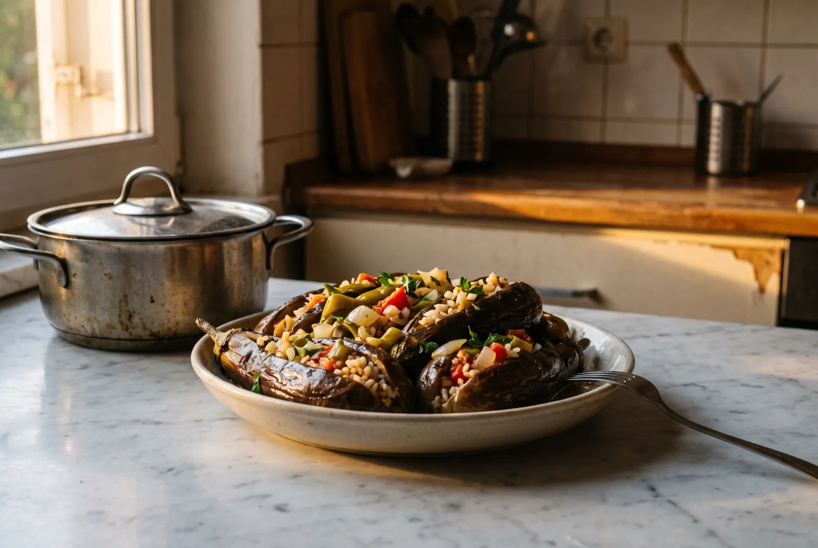 Olive Oil-Braised Stuffed Eggplant, Izmir-Style