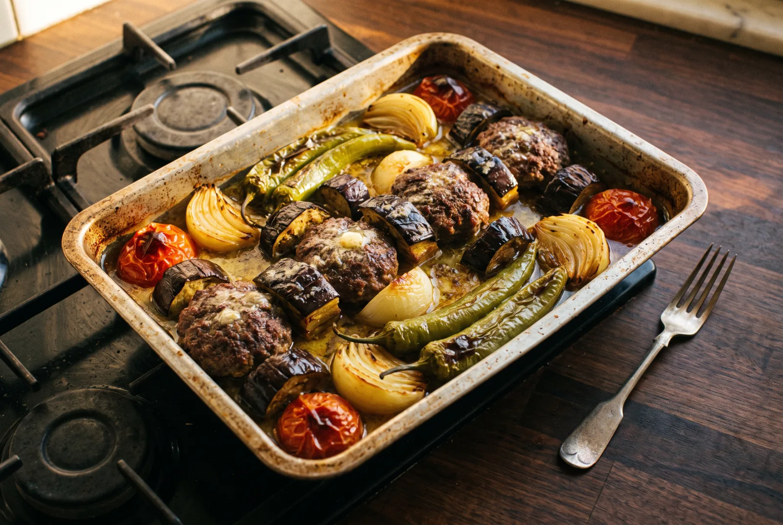 Tokat-Style Tray Kebab with Eggplant, Tomatoes and Ground Beef