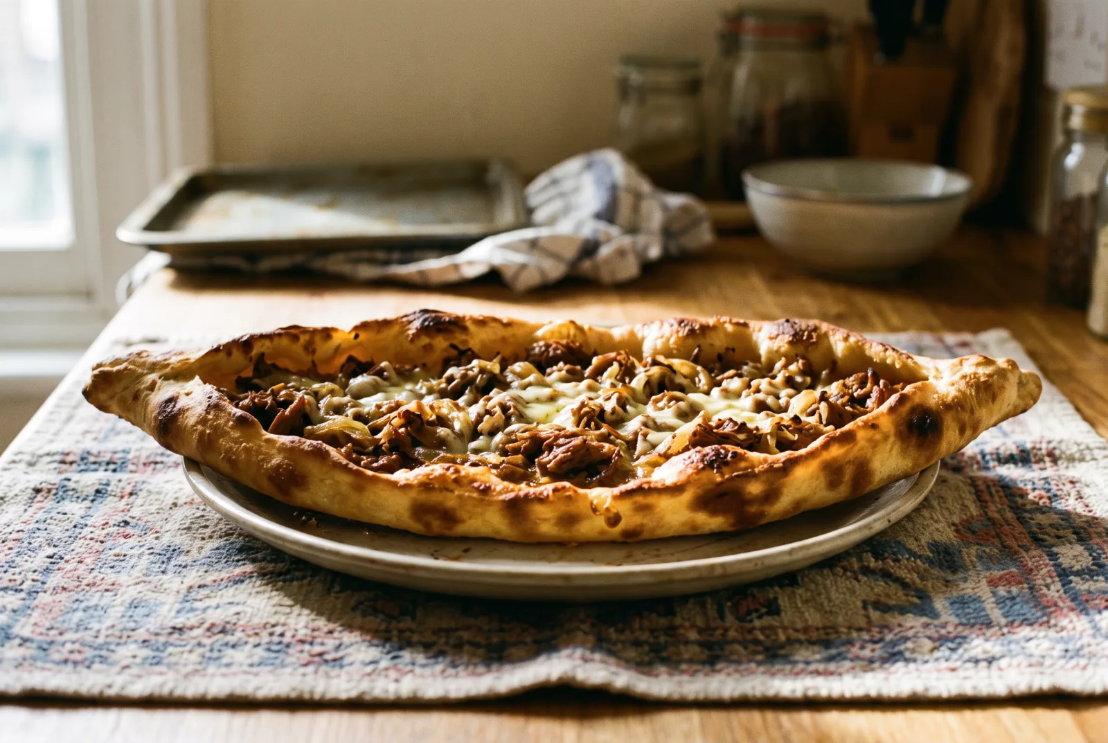 Pide with Kavurma — Turkish Flatbread with Kashar Cheese