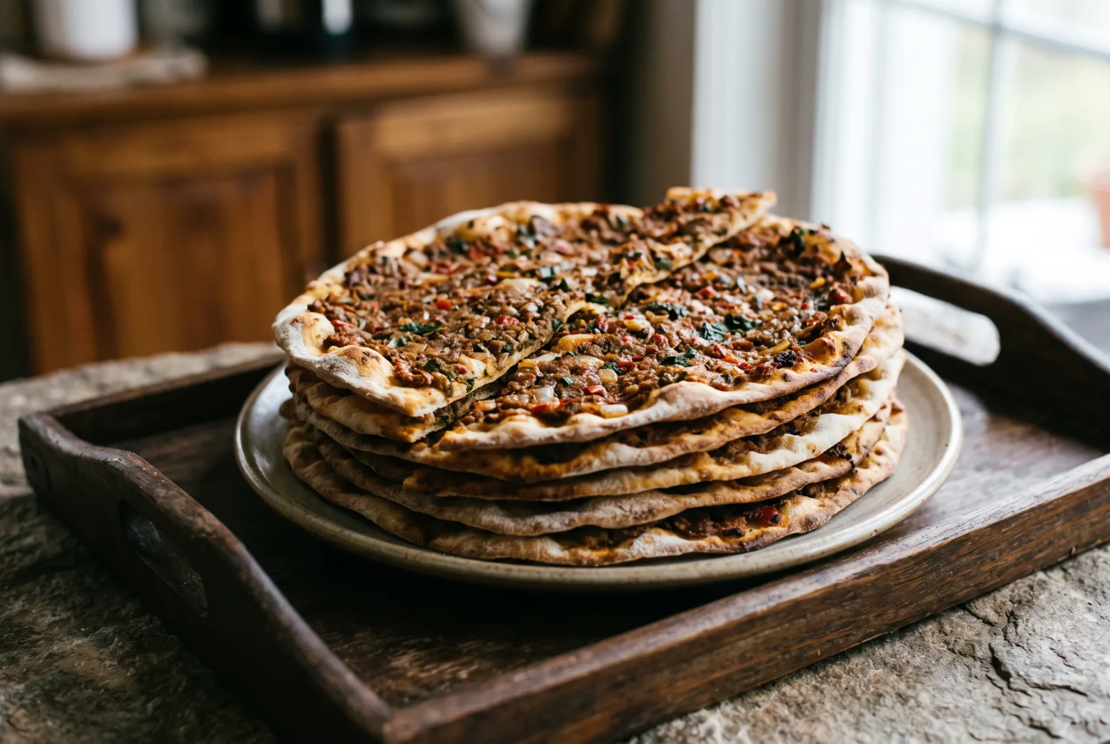 Spicy Lahmacun — Antep-style flatbreads with a pepper-rich meat topping