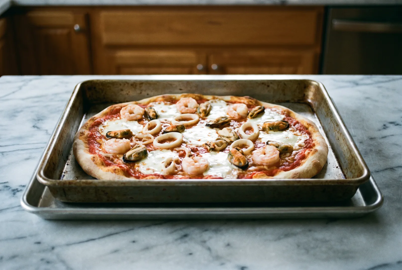 Seafood Pizza — Shrimp, Mussels and Squid with Mozzarella