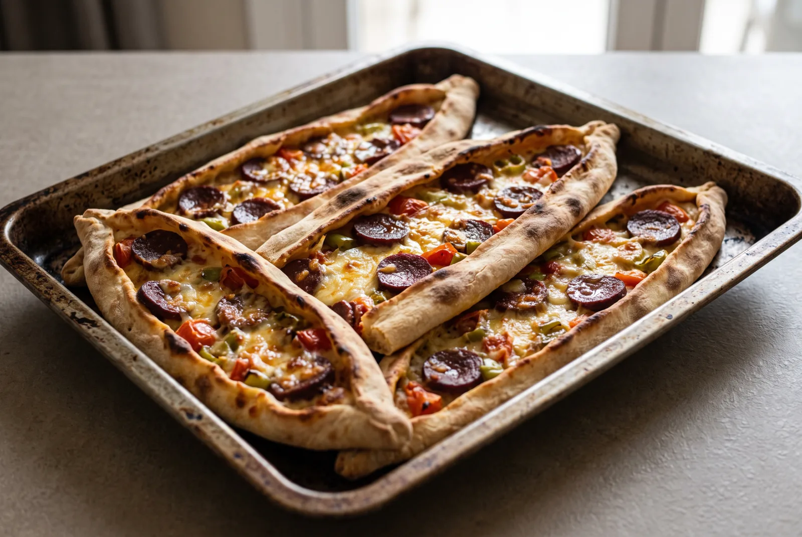 Sucuklu Pide: Turkish Flatbread with Spiced Sausage and Kashar Cheese