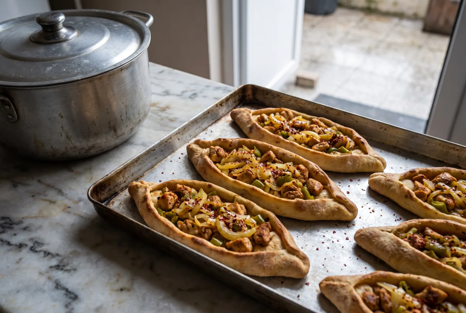 Tavuklu Pide — Turkish Flatbread with Spiced Chicken
