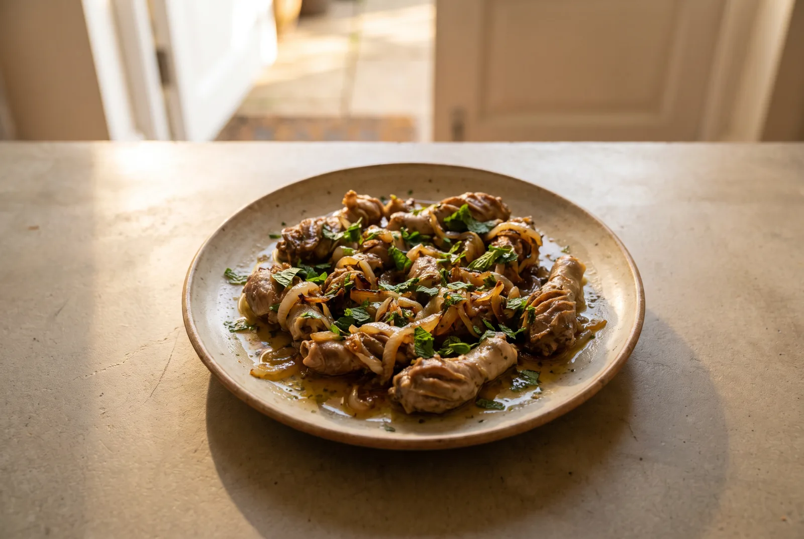 Sautéed Lamb Abomasum | Skillet with Mint and Onion