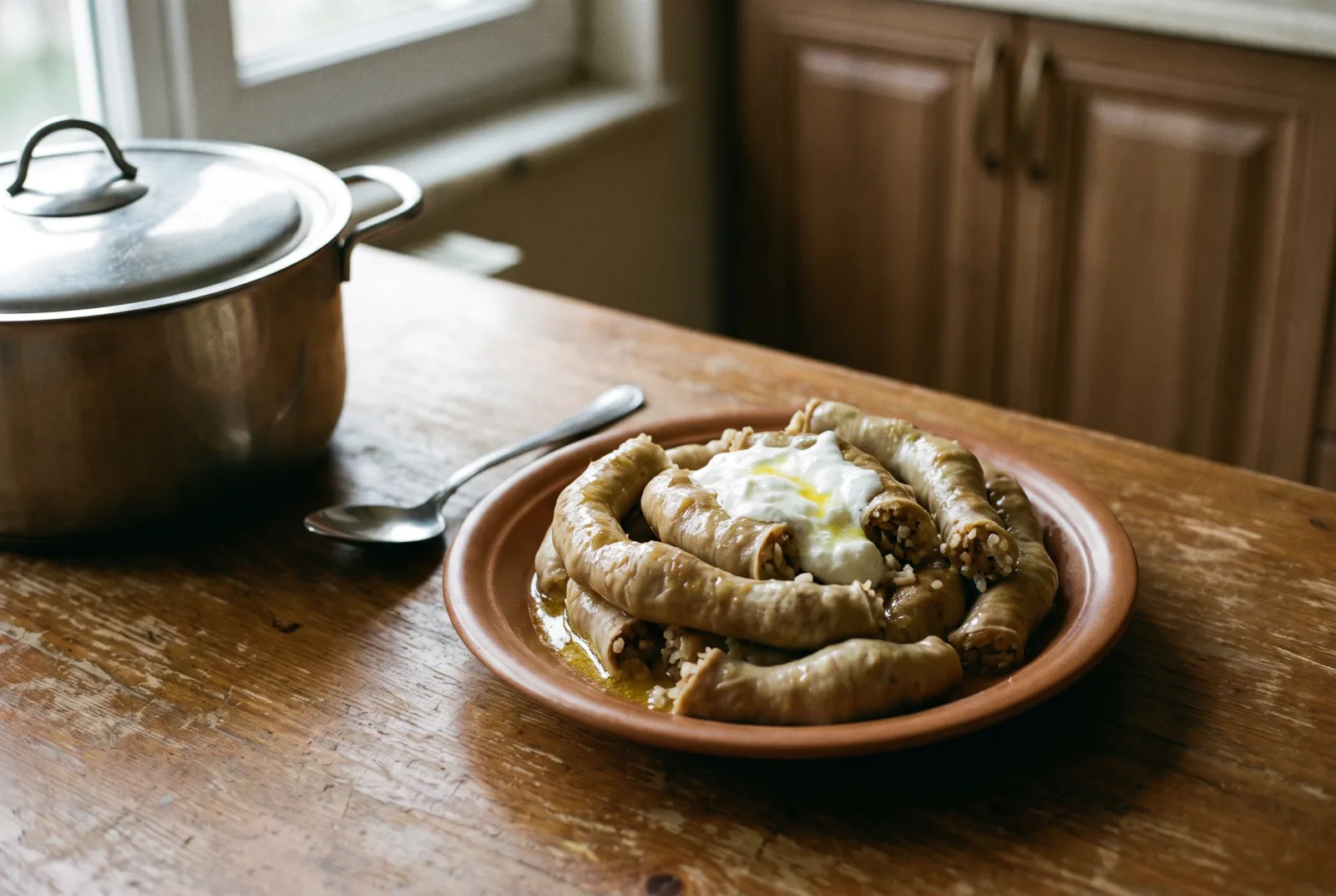 Boiled Mumbar — Lamb Intestines with Garlic Yogurt Sauce