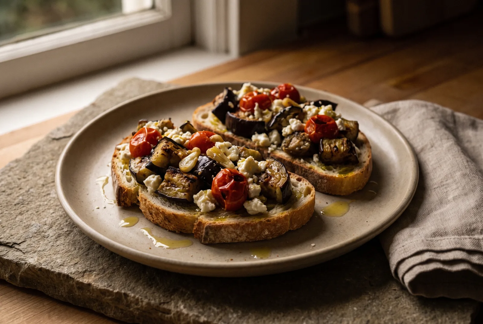 Charred Eggplant Sandwich | Turkish White Cheese and Olive Oil
