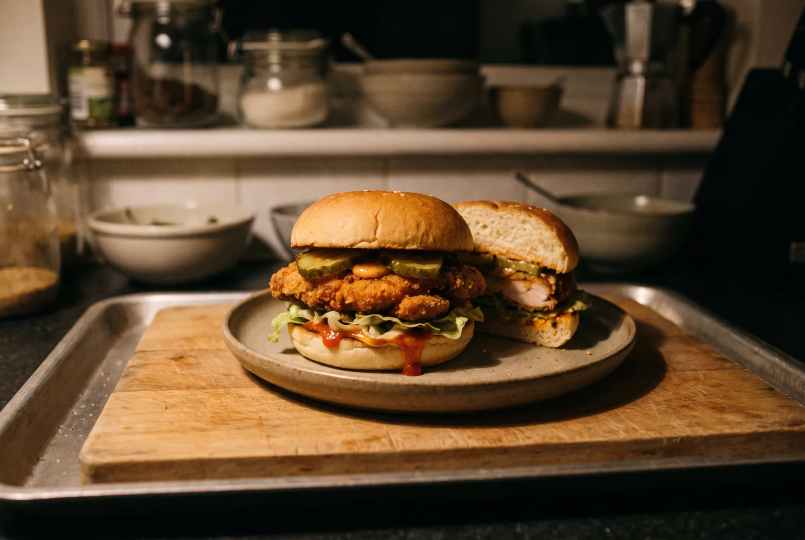 Crispy Fried Chicken Burger with Sriracha Sauce