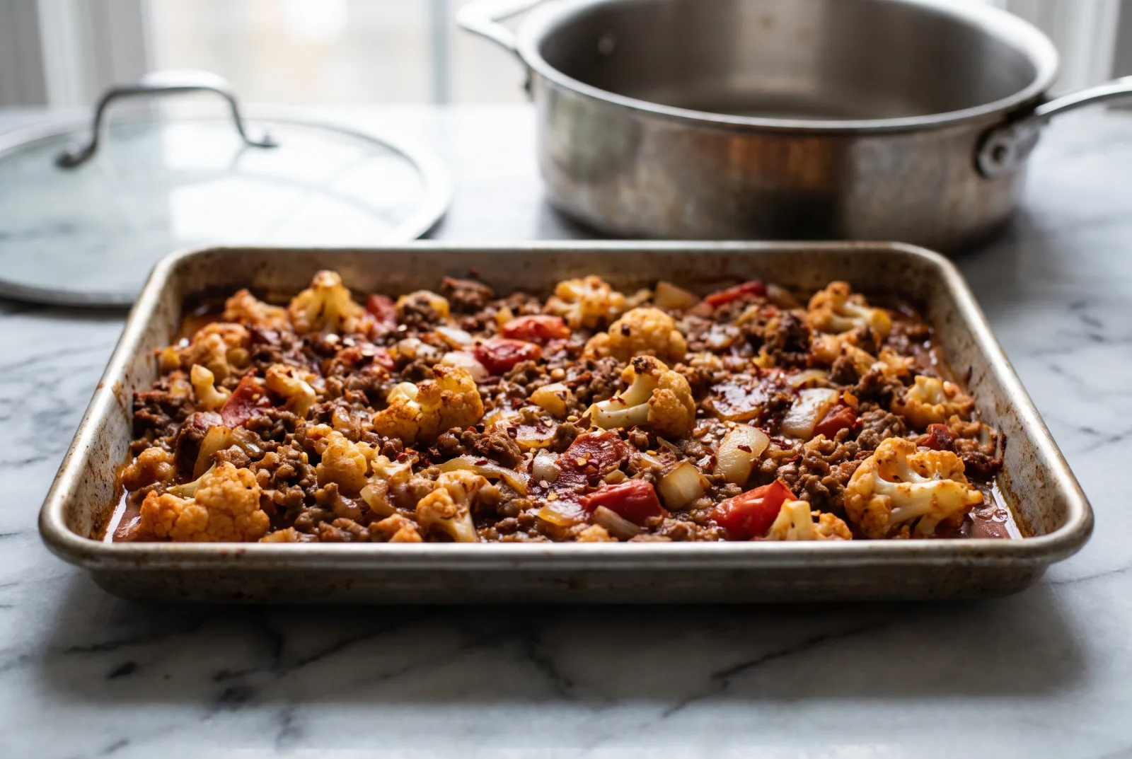Oven-Baked Cauliflower and Ground Beef Casserole with Tomato Sauce