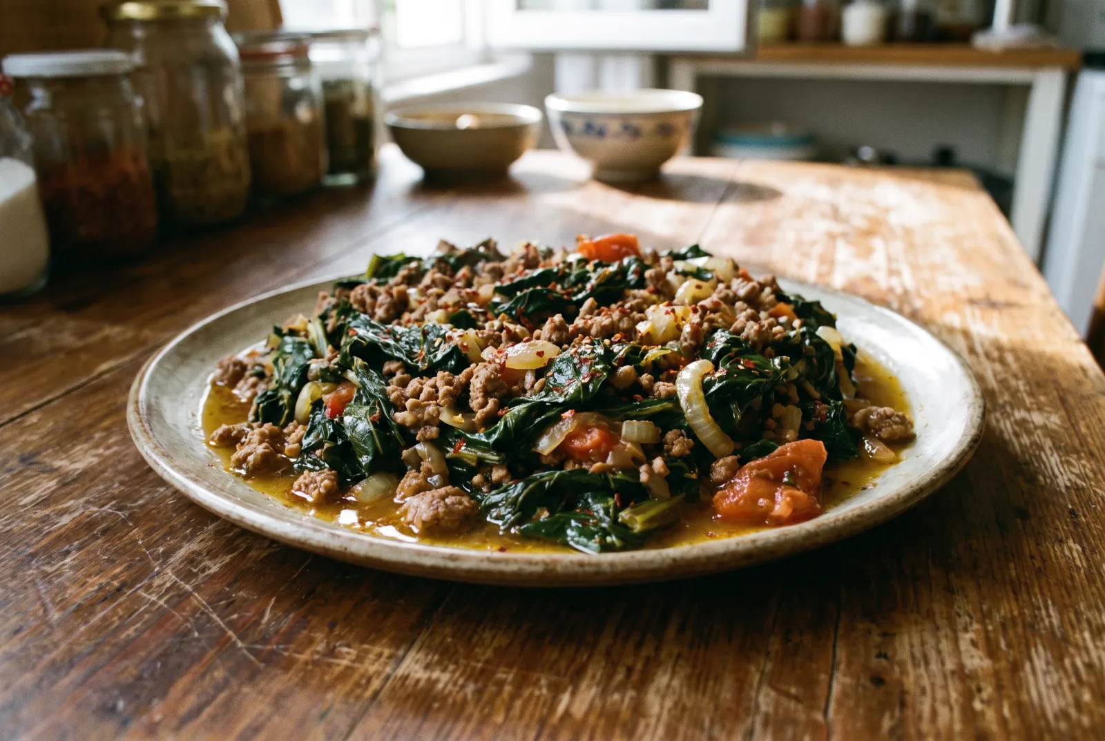 Ground Meat and Swiss Chard Sauté with Onion