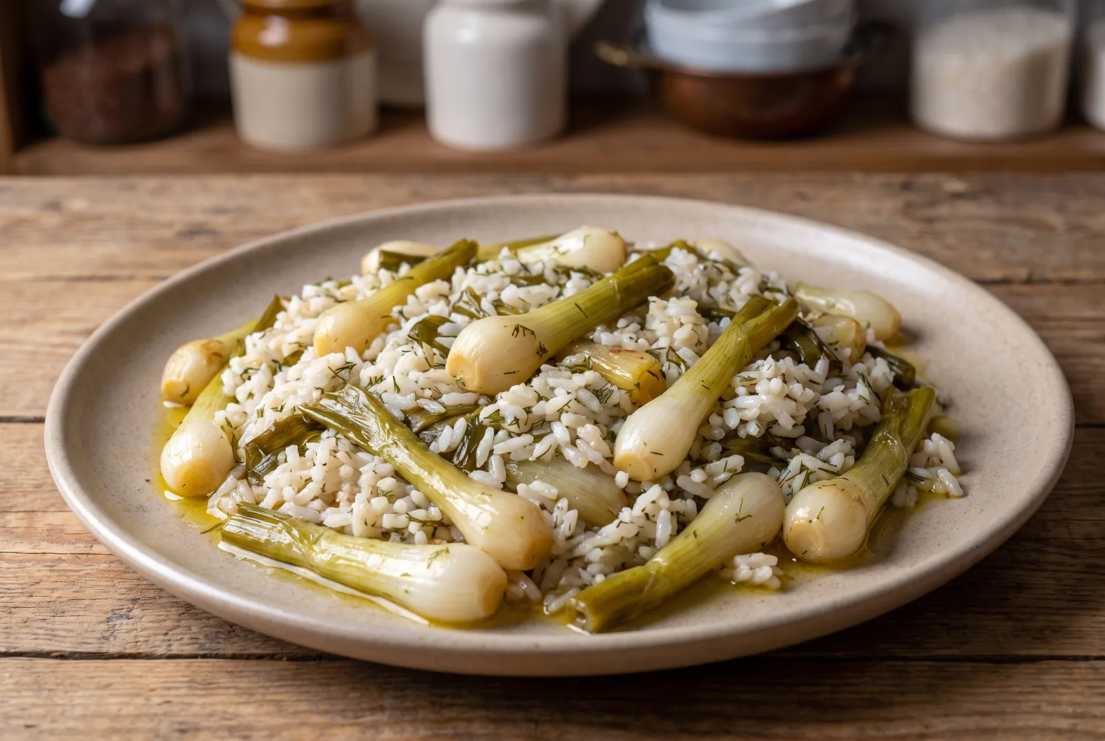 Olive-Oil Braised Scallions | Spring Vegetable Dish with Dill and Rice