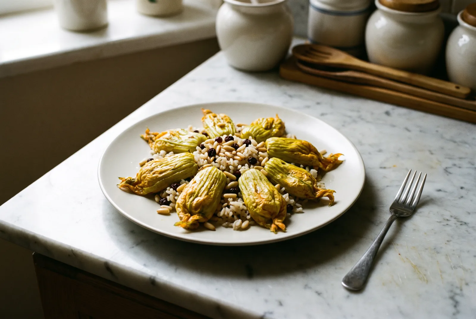 Olive Oil-Braised Stuffed Zucchini Blossoms | Meatless Rice Filling