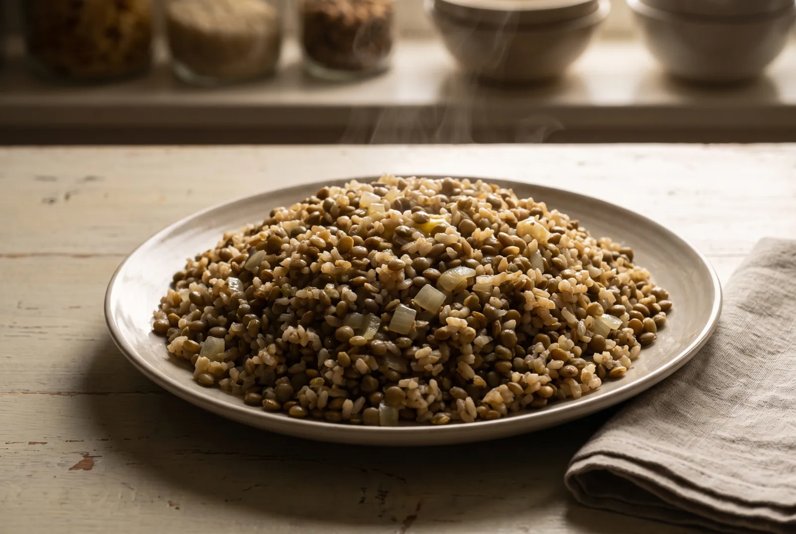 Green Lentil Rice Pilaf with Onion — Home-style