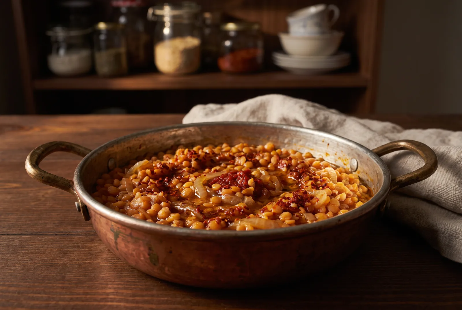 Sautéed Red Lentils | Skillet with Onion