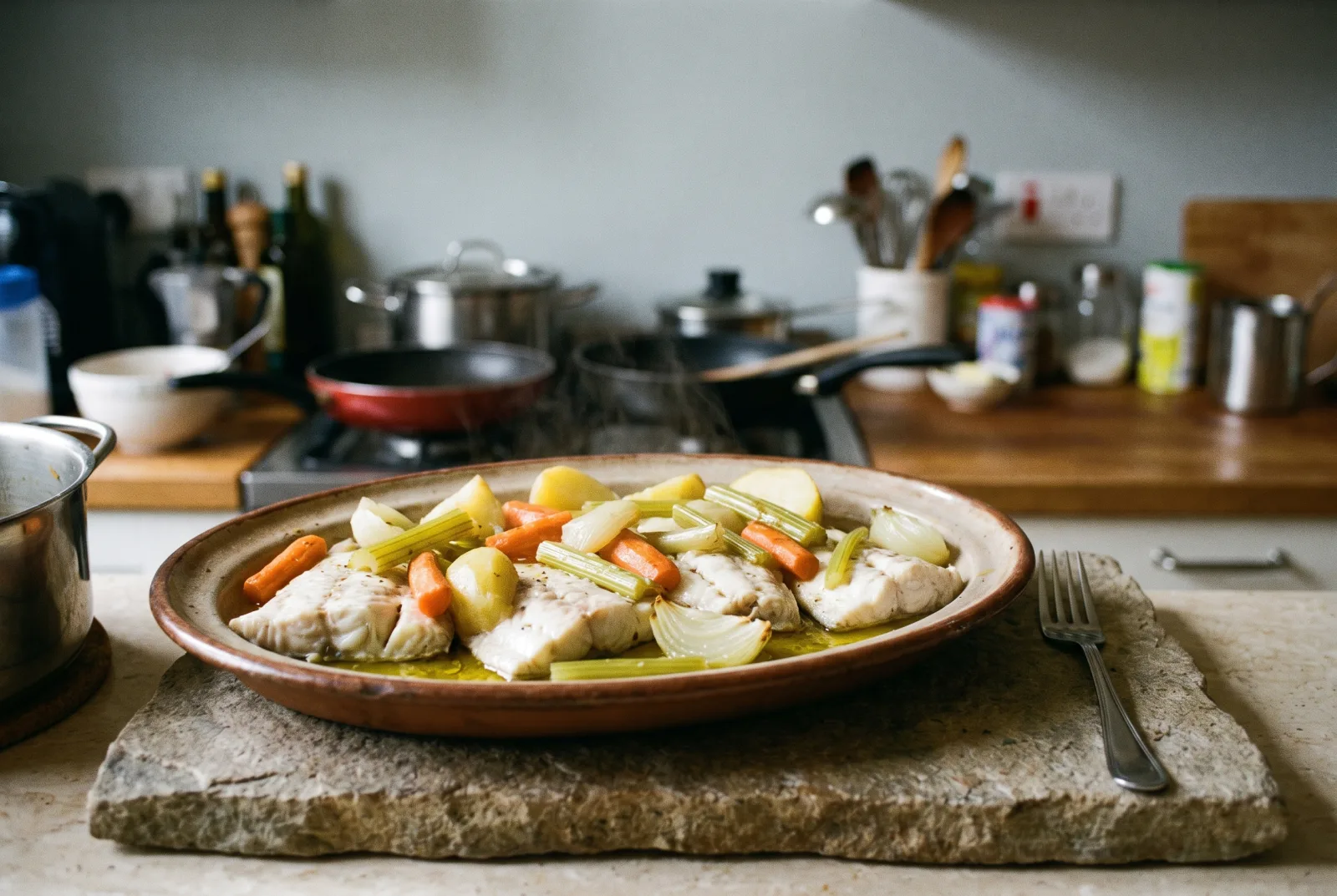 Kalkan Buğulama — Turkish turbot gently steamed with celery and carrots.