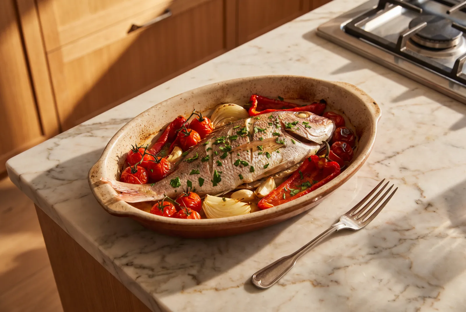 Baked Common Pandora | Tomato and Red Bell Pepper Sauce
