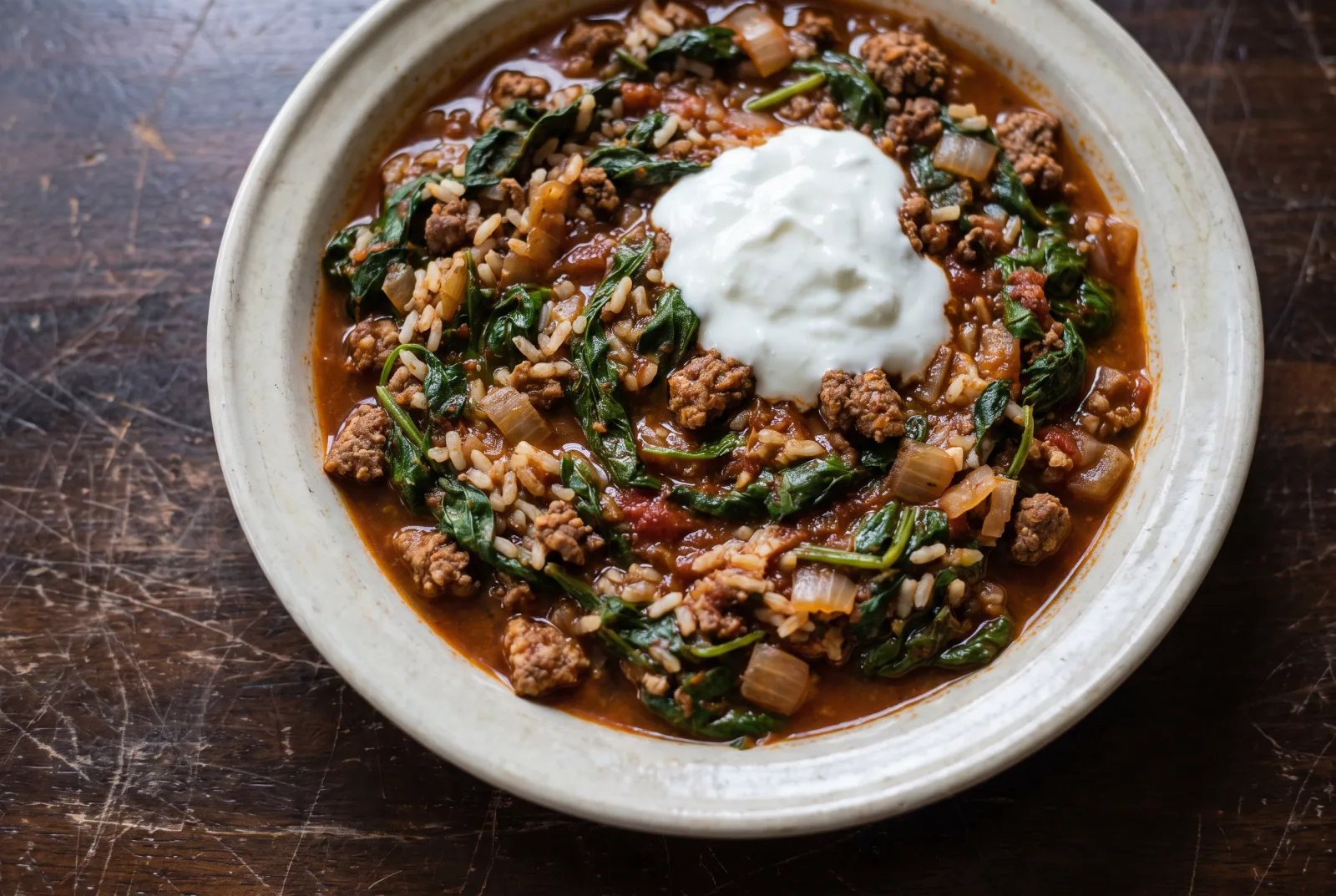 Spinach with Ground Meat and Yogurt